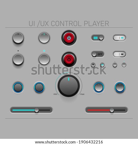 User interface elements for control player.ui ux design kit. Rotary button with indicator light Sliding button left-right. Contemporary-modern design in white-earth tone cream.