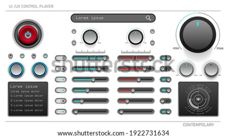 User interface elements.UI ux design kit.button 3D and search with indicator light and Sliding button left to right.Red push-button for power on-off, a knob for turning the volume up-down.
