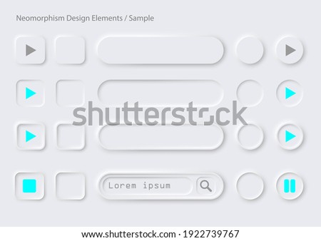Neomophism design elements.It includes convex and collapse buttons, round, rectangular, long oval, text search buttons with sample symbols.There are on white background.