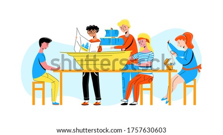 Flat vector group of children who are engaged in creativity: writing essay, building-assembling ship layout, embroidery. Children engaged in amateur activities and developing creativity concept.