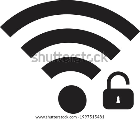 
A wireless signal unsecured. WiFi waves ripple outward, a padlock hangs open beside them. - Illustration, vector, icon 