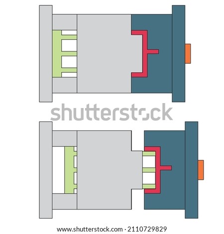 A injection mold in closed and opening position and ejecting of part - Manufacturing illustration , icon, vector 