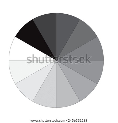 
12 pieces pie chart different shades of grey, black and white - Illustration of a division . Statistics and probability vector