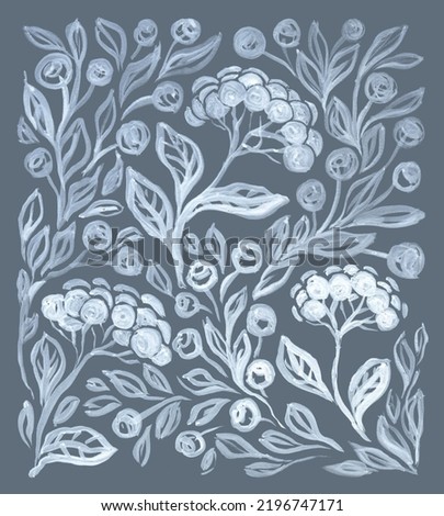 BEAUTIFUL FLORAL ILLUSTRATION IN BLUE GOUACHE ON A GRAY BACKGROUND Foto d'archivio © 