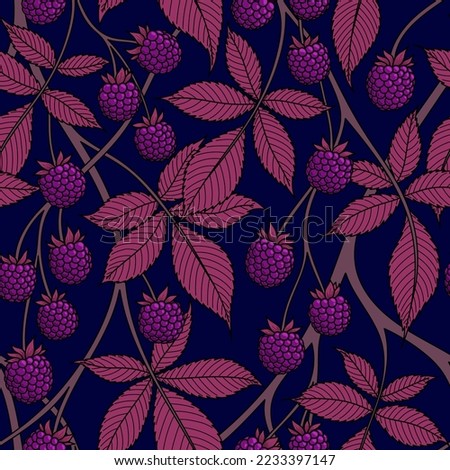 BLUE SEAMLESS VECTOR BACKGROUND WITH LILAC BLACKBERRY FRUITS