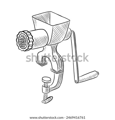 BLACK AND WHITE VECTOR CONTOUR DRAWING OF A MANUAL MEAT GRINDER