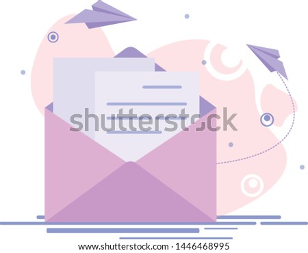 purple envelope with a letter on a beautiful abstract pink background. Vector illustration. Paper planes shadow dashed line