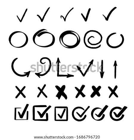 Hand drawn check signs. Mark for list items. Vector checklist marks icon set. 