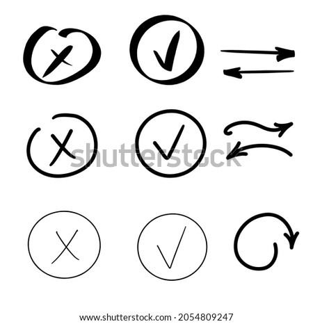 Set of black hand drawn doodle check symbols and checkbox