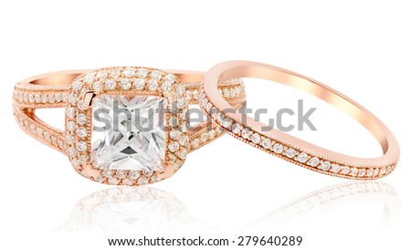 Diamond wedding pink gold ring. isolated on white
