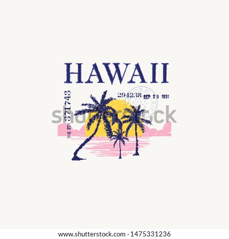 Hawaii Sunset. T-shirt and apparel vector design, print, typography, poster, emblem with palm trees.