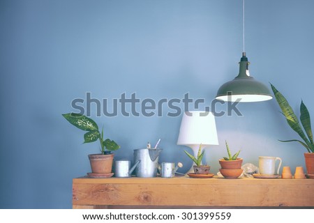 Table lamp and a small plant pot on wood cabinet vintage color