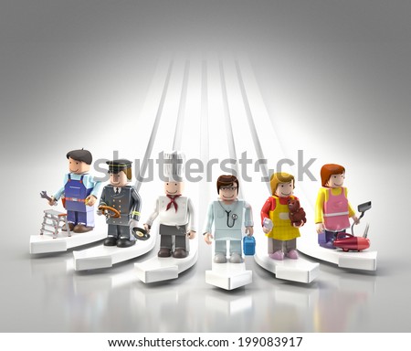 Diversity occupations people standing on arrows pointing to different direction and future.  Including doctor, cooker, driver, engineer, cleaner & veterinarian in colorful plastic block lifestyle