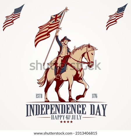 Independence Day, Happy 4th July logo illustration, General Washington riding horse and holding the American flag.