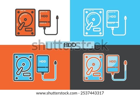 Vector illustration of hard drive or HDD icon with four styles. Suitable for any project, infographic, web icon, etc. hard drive or HDD Flat Icon. hard drive or HDD Outline icon