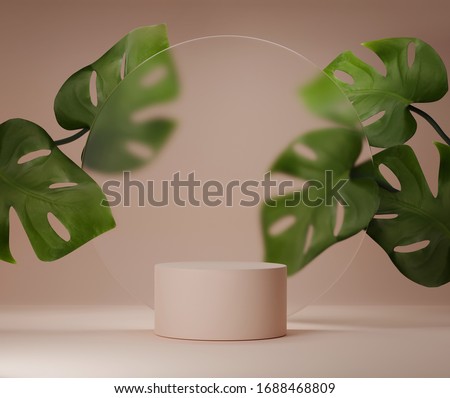 3D podium display with monstera deliciosa and frosted glass copy space. Minimal beige background with pedestal, green plant leaves. Trendy natural product promotion banner. Simple tropical 3d render