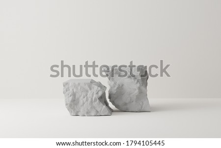 3D Gray stone podium display set. Copy space white background. Cosmetics or beauty product promotion mockup.  Natural rough grey rock step pedestal. Trendy minimalist banner, 3D render illustration.