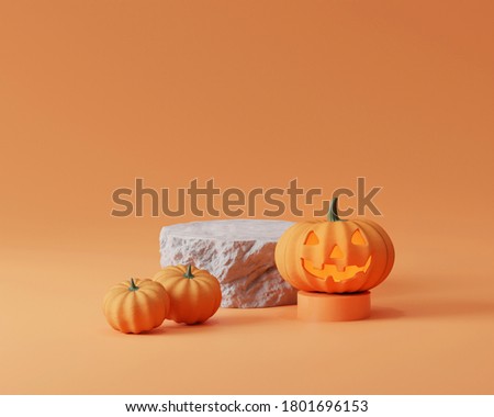 3D rock stone, pedestal podium on pastel orange background.  Halloween pumpkins. Glowing Jack o lantern display showcase for product promotion banner template. Spooky abstract 3D render illustration