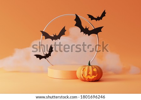 3D pedestal podium with cloud smoke on orange background. Flying bat and   pumpkin with frame rim. Halloween Jack o lantern display showcase, product promotion. Abstract spooky 3D render illustration