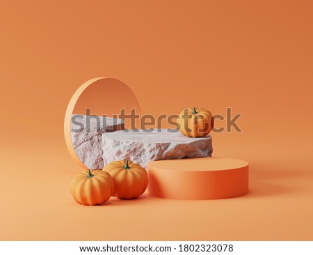 3D rock stone, pedestal podium on pastel orange background. Pumpkin with mirror reflection. Halloween Jack o lantern display showcase for product promotion. Spooky abstract 3D render illustration