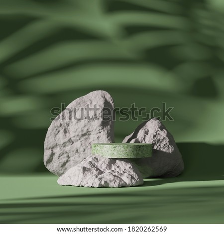 3D pedestal display and rock on monstera exotic palm leaf shadow. Green, pastel background with terrazzo stone podium showcase for beauty, cosmetics product. Abstract nature 3D render illustration 