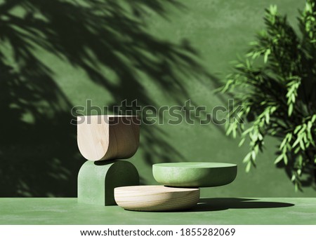 3D  wooden podium display with leaf shadow. Copy space green background. Cosmetics or beauty product promotion mockup.  Natural stone step pedestal. Trendy minimalist banner, 3D render illustration.