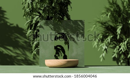 3D  wooden podium display with leaf shadow. Copy space green background. Cosmetics or beauty product promotion mockup.  Natural wood step pedestal. Trendy minimalist, art deco  3D render illustration.