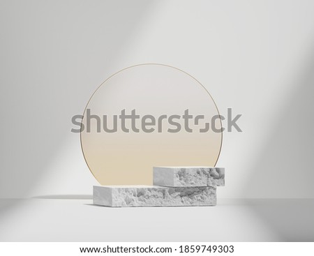 3D stone podium display on white background. Round beige frosted glass rim frame. Cosmetics, beauty product promotion pedestal.  Natural rough grey rock showcase. Abstract minimal studio 3D render 
