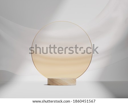 3D wooden podium display on white background. Round beige frosted glass rim frame. Cosmetics, beauty product promotion wood pedestal.  Natural showcase with curtain. Abstract minimal studio 3D render
