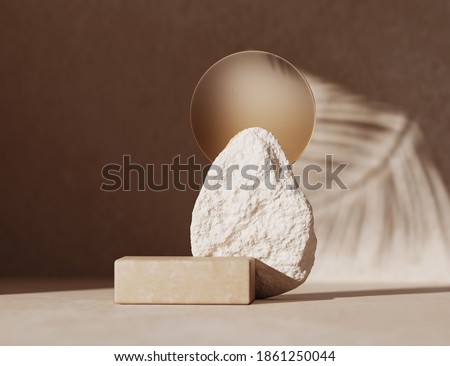 3D podium display on beige background with stone and glass. Brown cosmetic, beauty product promotion rock pedestal with palm leaf shadow.  Natural, exotic  showcase. Abstract minimal studio 3D render