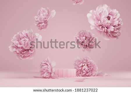 3D display podium pastel pink flower  background. Peony blossom falling down. Nature minimal pedestal for beauty, cosmetic product presentation. Valentine, feminine copy space template 3d render