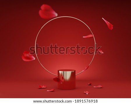 3D podium, display, background. red, gold pedestal, round rim. Rose, flower petals levitating. Beauty, cosmetic product presentation. Minimal stage. Abstract, love, valentines day, studio 3D render.