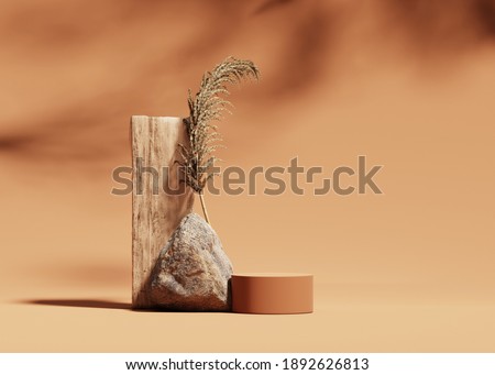 3D podium display on beige, background with stone, wood and dry pampas grass. Brown cosmetic, beauty product promotion rock pedestal with shadow.  Natural showcase. Abstract minimal studio 3D render