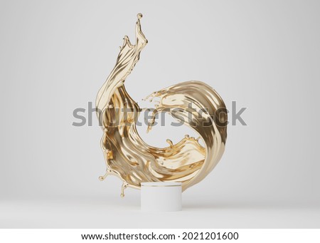 3D background podium display, gold liquid, fluid splash, swirl on white. Luxury golden flow with pedestal showcase for beauty product, cosmetic promotion.  Abstract 3D render studio mockup