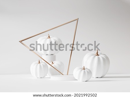 3D Halloween background pedestal podium on white with triangle frame,pumpkin display with gold. Jack o lantern showcase, beauty cosmetic, product promotion. Abstract banner, spooky luxury 3D render 