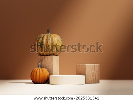 3D Halloween background podium display on beige, wood and pumpkin. Brown cosmetic, beauty product promotion autumn pedestal with shadow.  Natural showcase. Abstract minimal studio 3D render