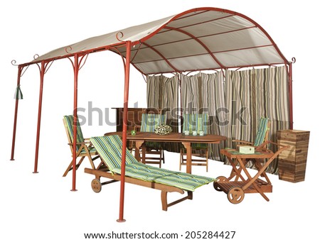 Garden tent and wooden garden furniture isolated on white