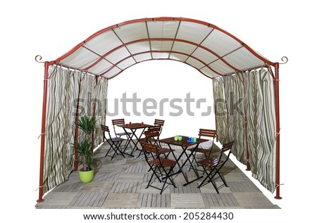 Big garden tent and garden furniture isolated on white background