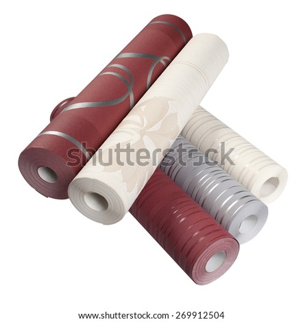 Rolls of wallpaper in different colors isolated on white background with clipping path