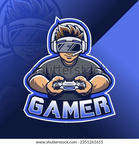 Gamer mascot logo design vector. Gamer illustration for sports team. Illustration of a young man using a VR headset. Modern illustration concept style for badge.