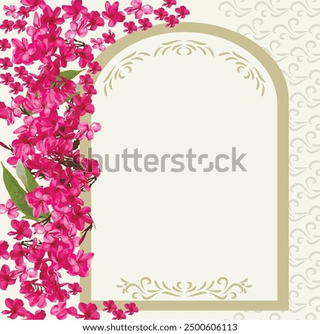 Fuchsia flowers and golden frame and pattern  