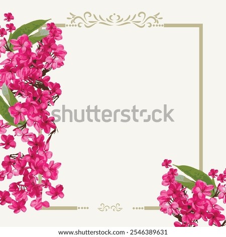 Golden frame and fuchsia flowers invitation 