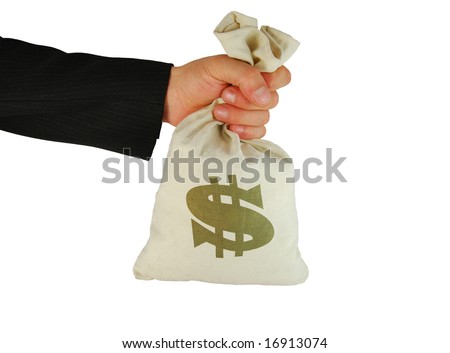 Bag of money in hand on the white background