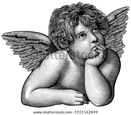 Pensive angel. Art detailed editable illustration. Vector vintage engraving. Isolated on white background. 8 EPS Foto d'archivio © 