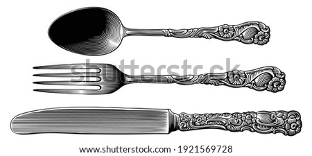 Silverware. Knife, Fork, Spoon. Design set. Art detailed editable illustration. Vector vintage engraving. Isolated on white background. 8 EPS