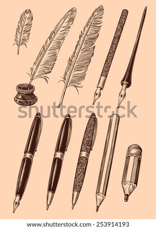 Designer set of pens, pens and pencils. Isolated on color background. 8 EPS  