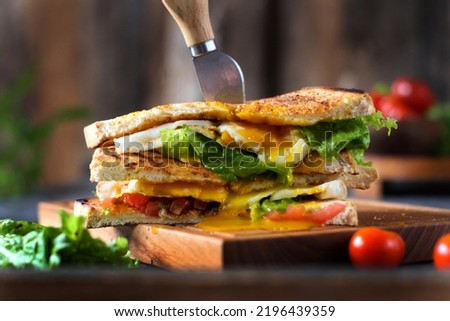 Similar – Image, Stock Photo Breakfast with egg, meat jamon, spinach and bread on terrace wooden table. Delicious homemade breakfast on balcony.