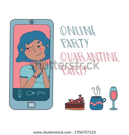 Online party or video conference with smiling girl drinking alcohol during coronavirus outbreak. Vector illustration with pets, pie, tea and sparkling wine.