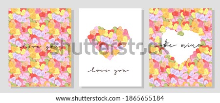 Vector set of Valentine day postcards with hand lettering and vivid colored candy hearts. Conversation hearts with short phrases flyer. 商業照片 © 