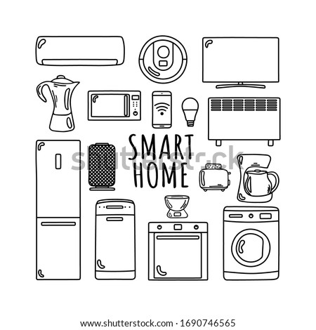 Smart home is hand drawn.  Household appliances in a smart home. Coffee maker, toaster, tv, heater, air conditioning, fridge, oven, dishwasher, washing machine, smart speaker, robot, vacuum cleaner, m Zdjęcia stock © 
